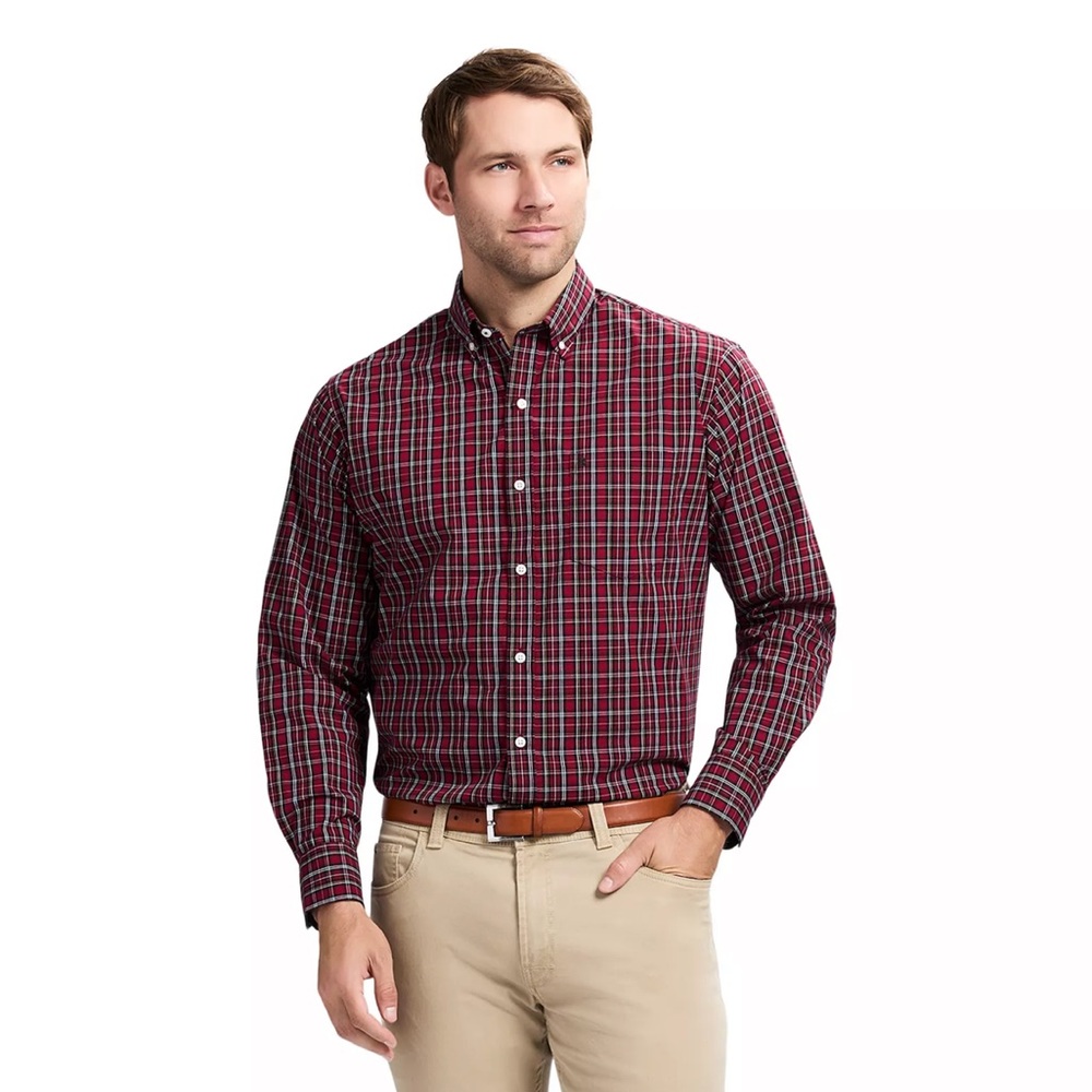 MENS IZOD RED PLAID BUTTON DOWN LONG SLEEVE SHIRT M